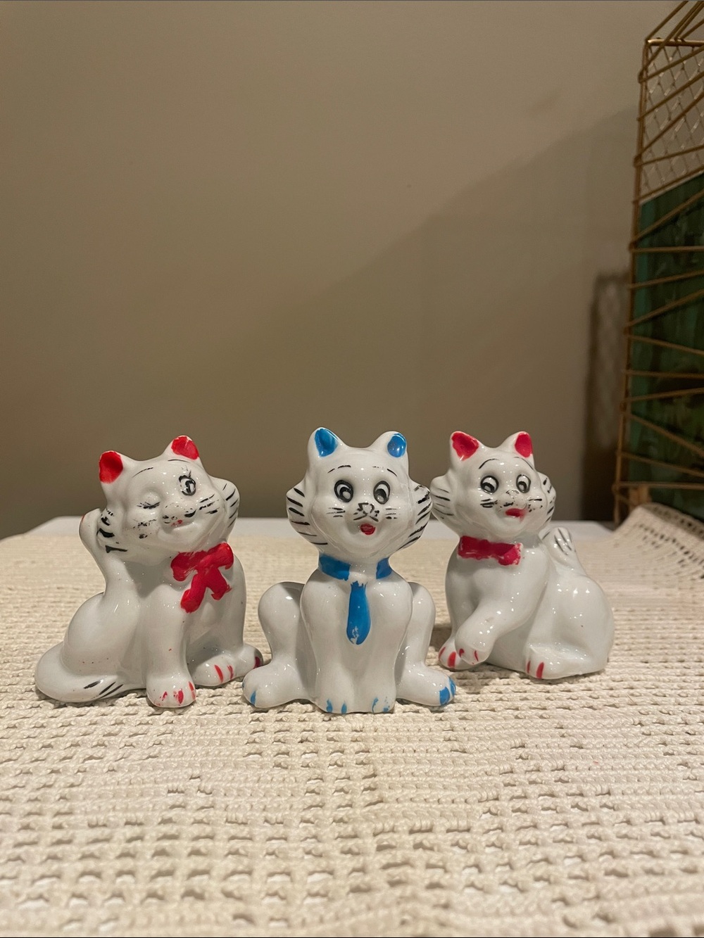 White Ceramic Cat Figurine with Blue & red Accents - vintage charm